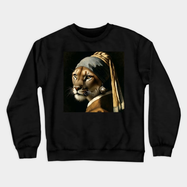 Wildlife Conservation - Pearl Earring Mountain Lion Meme Crewneck Sweatshirt by Edd Paint Something